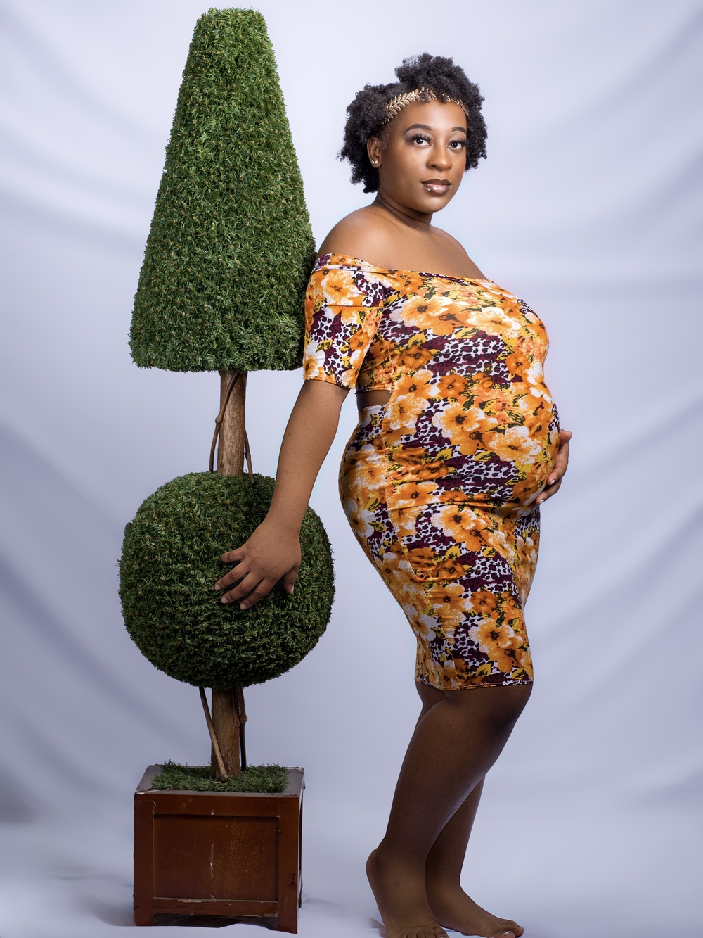 Floral Orange Off-Shoulder Maternity Dress